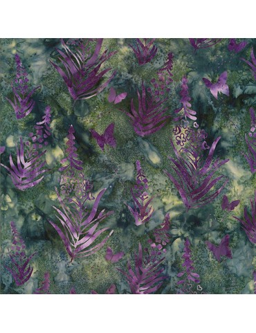 Fat quarter Batik Vert imprimé de feuilles Violettes
