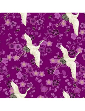 TP-2520-L Cranes Purple tissu japonais Hikari Makower grues