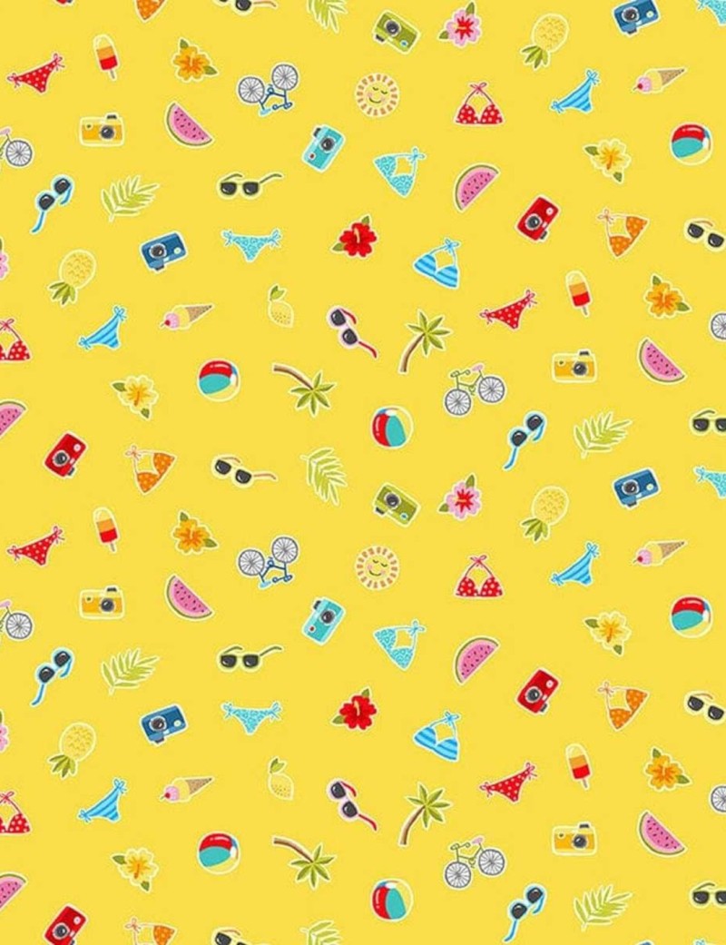 Tissu patchwork Pool Party à motifs d'icônes sur fond jaune