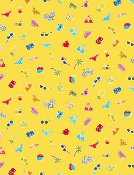 Tissu patchwork Pool Party à motifs d'icônes sur fond jaune