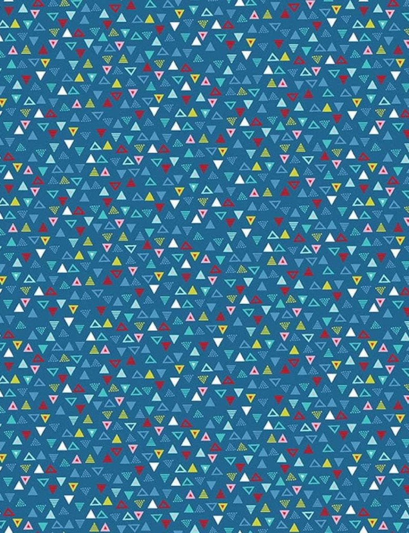 Pool Party patchwork fabric with pennants on blue background