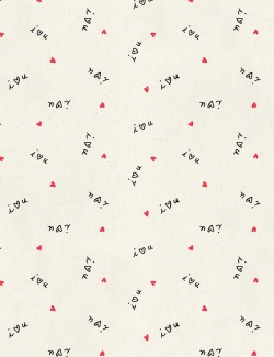 Fat quarter de tissu imprimé I love you, cœurs et messages manuscrits.