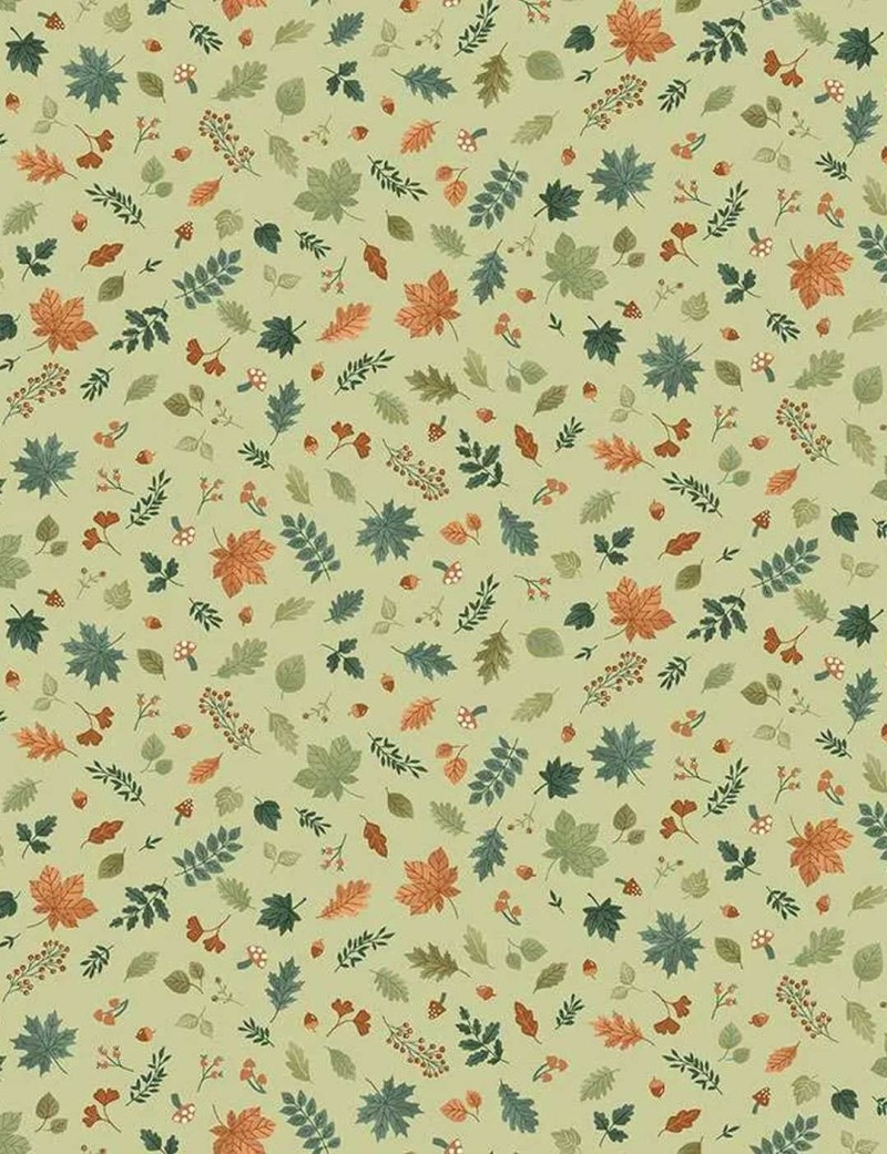 Foliage Cascade Green Fabric – Makower UK – Autumn Leaves on Sage