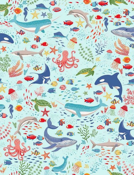 Tissu coton Deep Blue Sea créatures marines – Makower