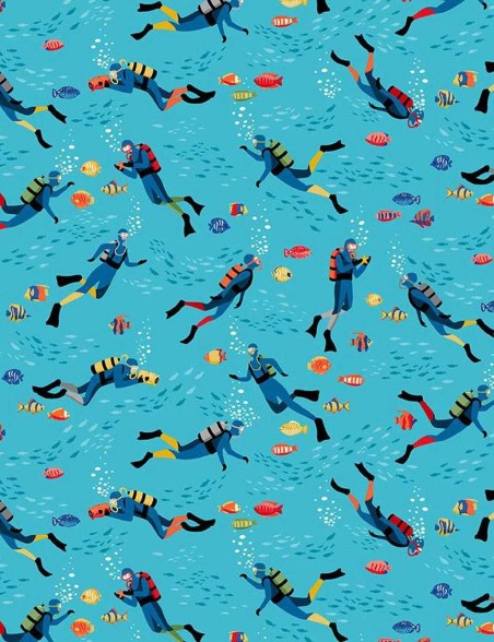 Tissu coton Deep Blue Sea plongeurs – Makower UK