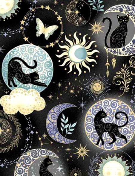 Fat Quarter Charmed Twilight Makower UK – Coupon tissu chats célestes