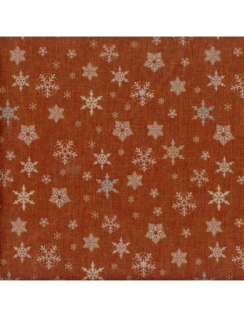 Tissu coton Noël Marron avec dorure à motifs de Flocons Argentés