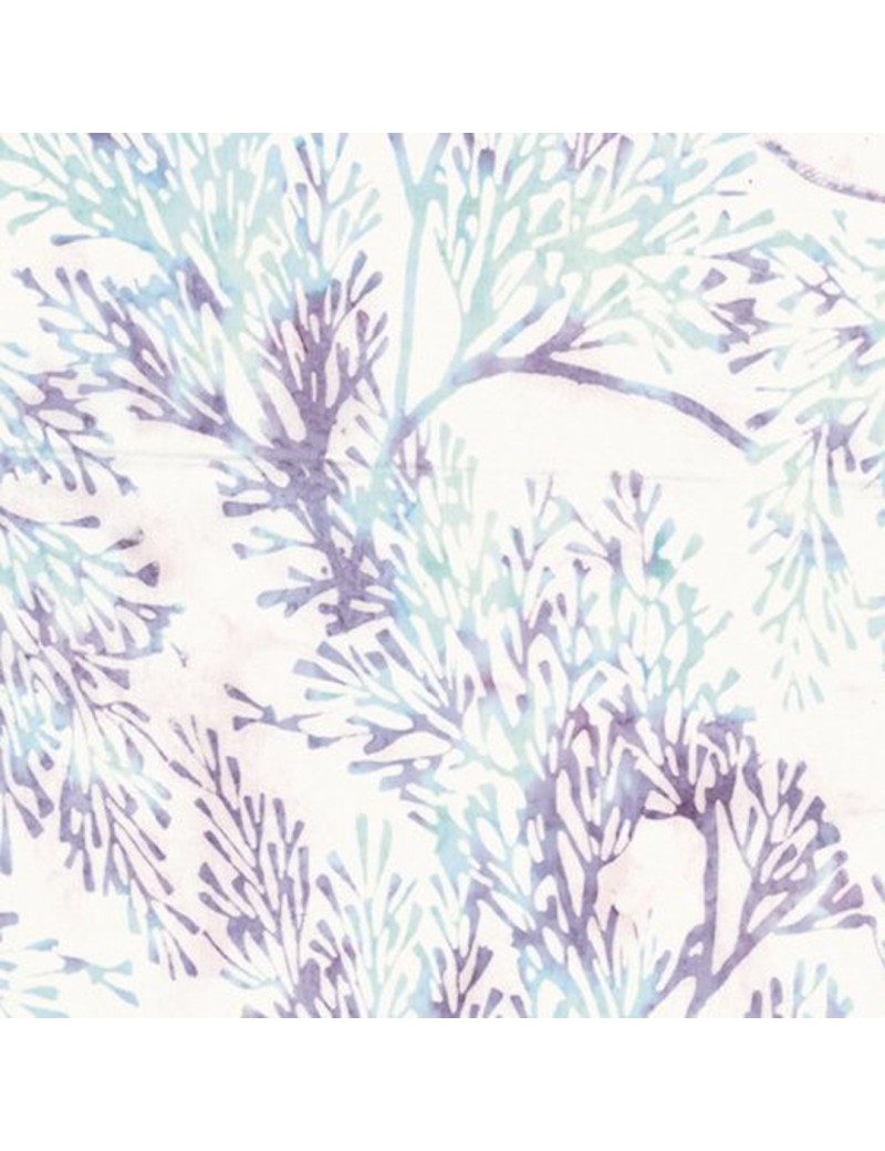 Tissu Batik imprimé Végétal Blanc, Bleu et Mauve