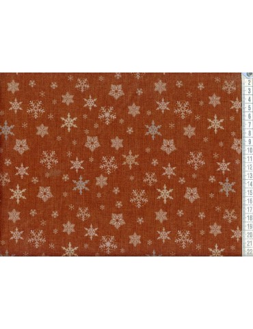 Tissu coton Noël Marron avec dorure à motifs de Flocons Argentés
