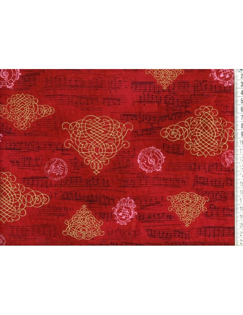 Tissu coton Rouge et Or Notes et Arabesques