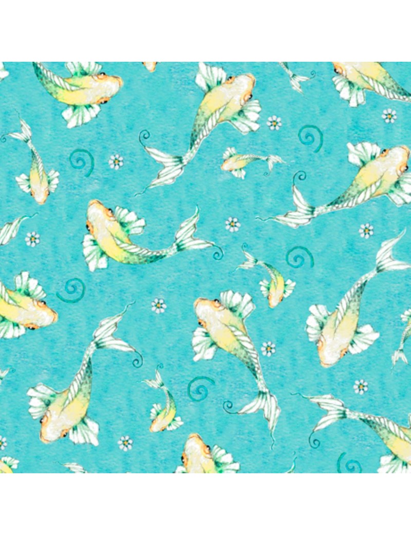 Tissu coton Fancy Flamingos à motifs de poissons sur fond Bleu