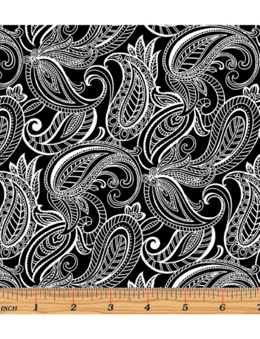 Tissu coton Night and Day à motifs de Cachemire Blanc et Noir