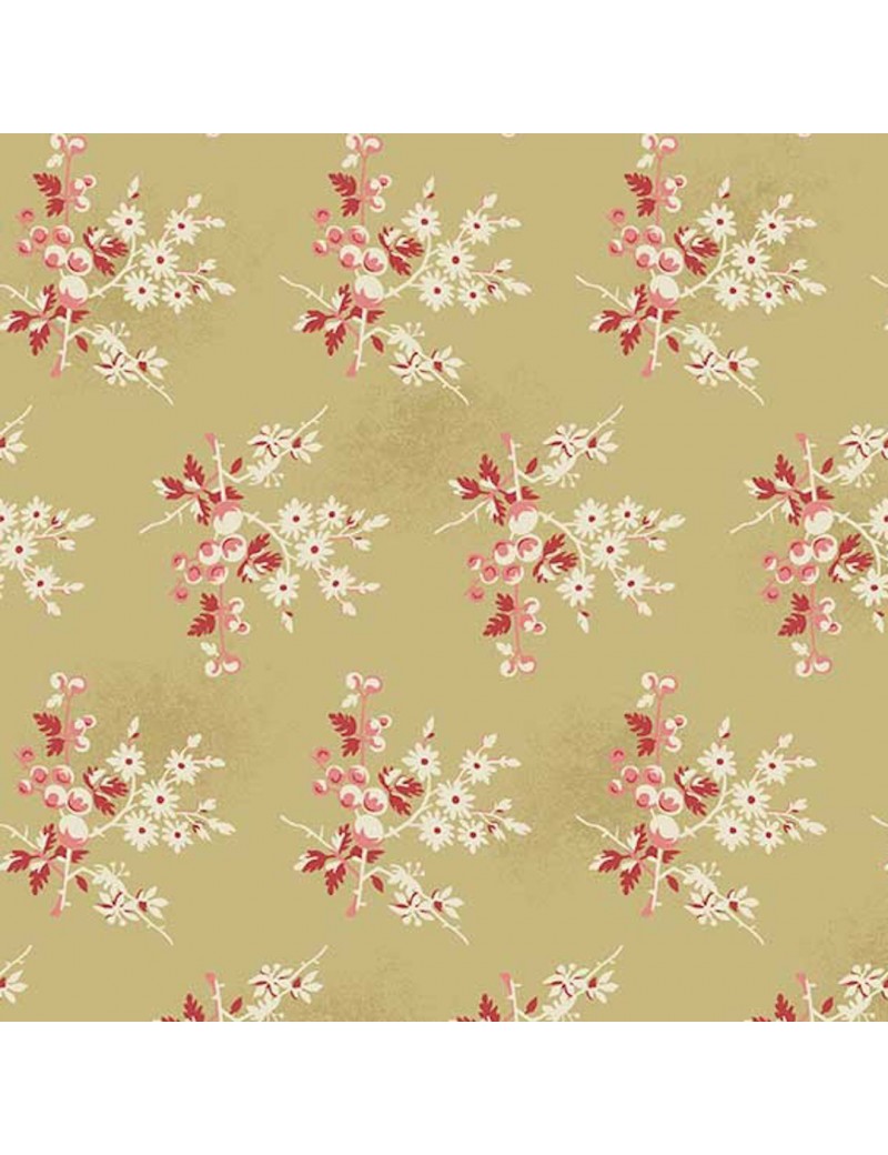 Tissu coton Little Sweetheart Beige Biscuits à motifs de Baies Rouges et Primerose Blanches