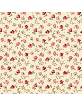 Tissu coton Little Sweetheart Blanc Cassé à motifs de Fleurs et de Carrés Roses et Rouges