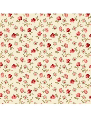 Tissu coton Little Sweetheart Blanc Cassé à motifs de Fleurs et de Carrés Roses et Rouges