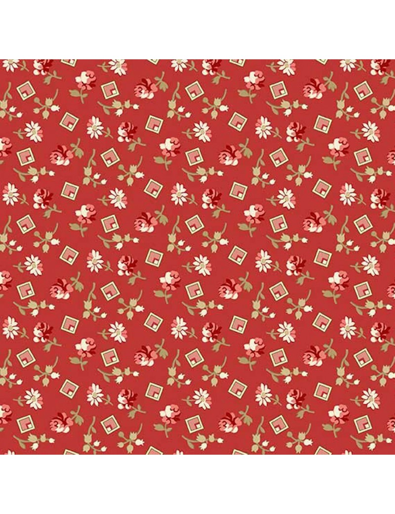 Tissu coton Little Sweetheart Rouge à motifs de Fleurs et de Carrés Roses et Blancs