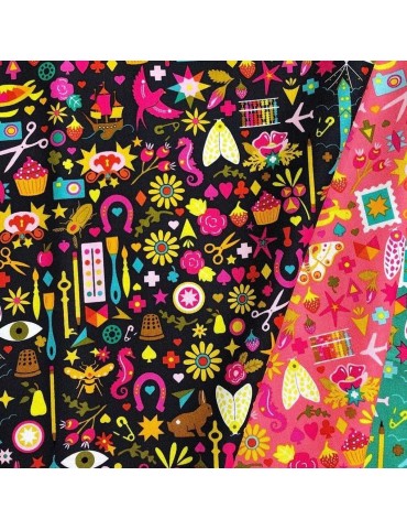 Tissu coton Alison Glass Sunprints 2019 à motifs de Fleurs d'Animaux d'Accessoires de Couture Noir ou Corail