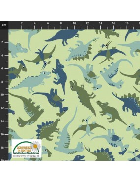 Tissu coton Follow my Footprint à motifs de dinosaures sur fond vert