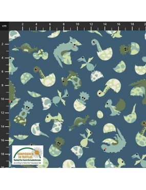 Tissu coton Follow my Footprint à motifs de dinosaures adultes et bébés sur fond bleu vert