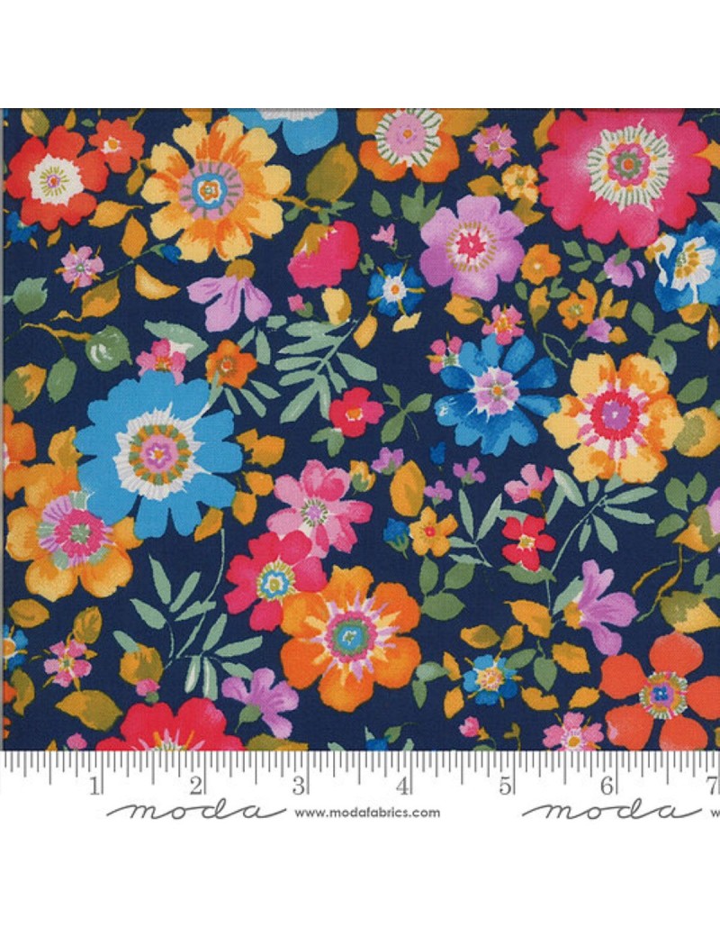 Tissu coton Chez Moi à motifs de Fleurs colorées sur fond Bleu Navy