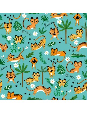 Tissu coton Tiger Tails à motifs de tigres et de marguerites