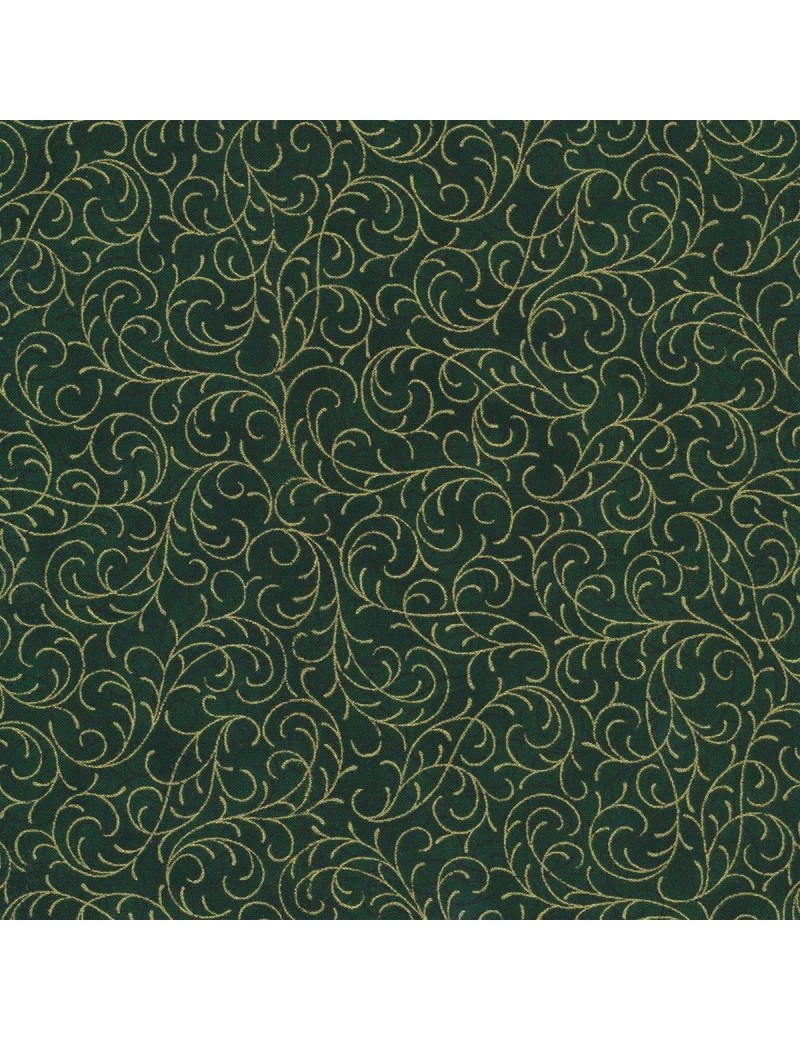 Tissu coton Noël vert à motifs d'arabesques doré