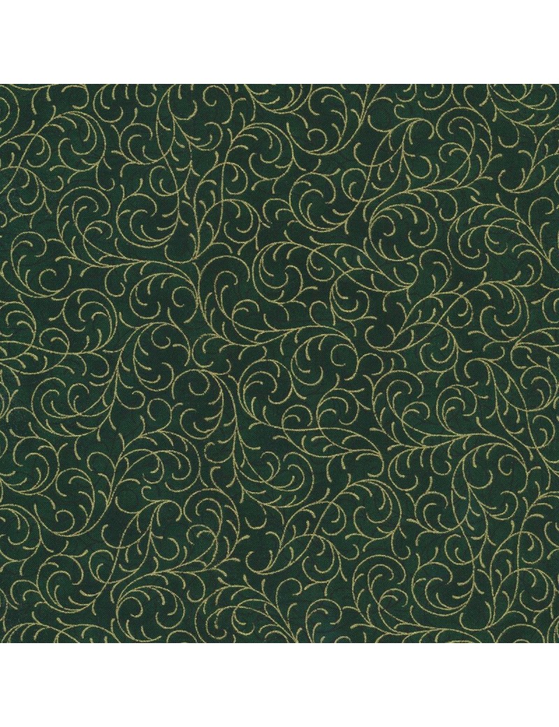 Tissu coton Noël vert à motifs d'arabesques doré