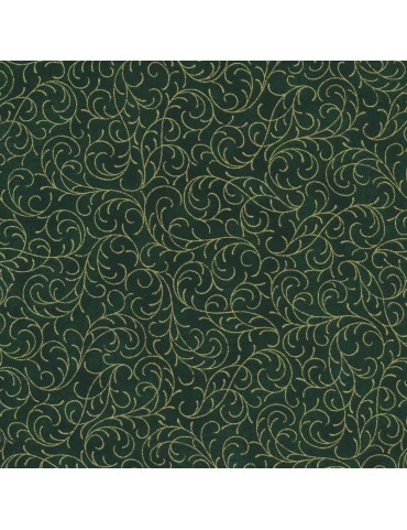 Tissu coton Noël vert à motifs d'arabesques doré