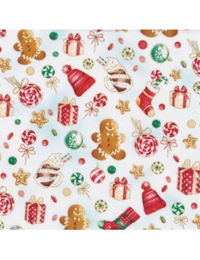 Tissu coton Noël avec dorures à motifs de sucreries, cadeaux et boules de Noël