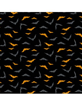 9874K Tissu coton Halloween Midnight Haunt Noir à motifs de chauve-souris