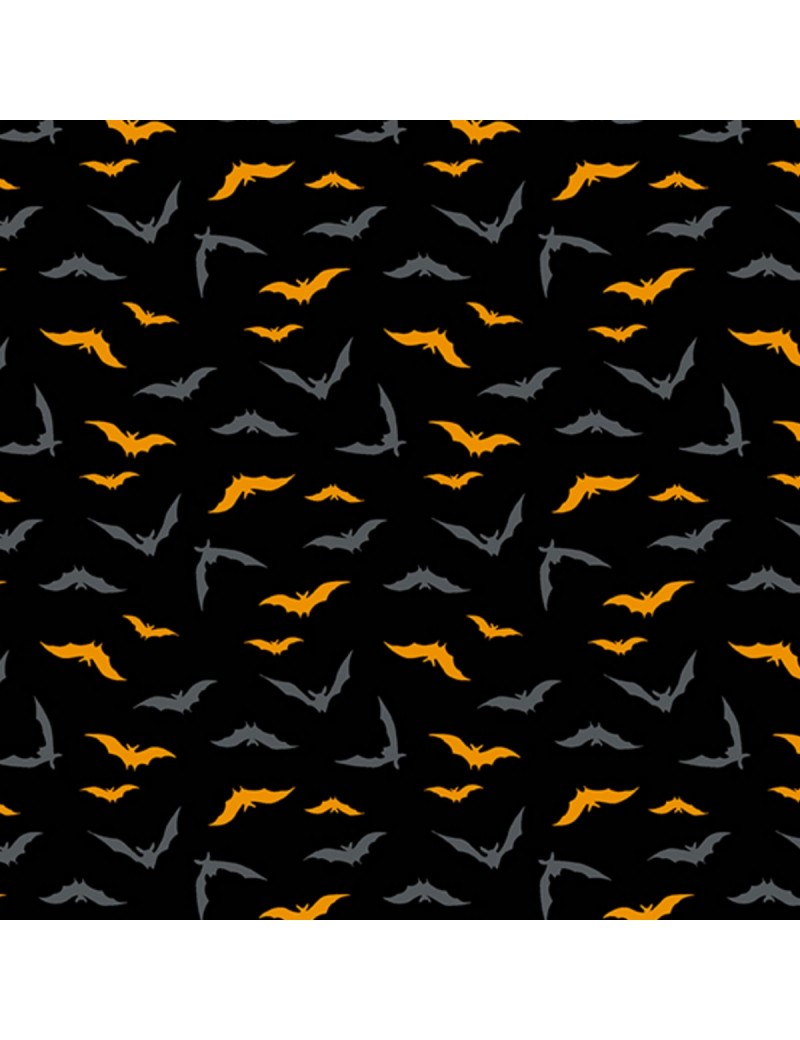 9874K Tissu coton Halloween Midnight Haunt Noir à motifs de chauve-souris