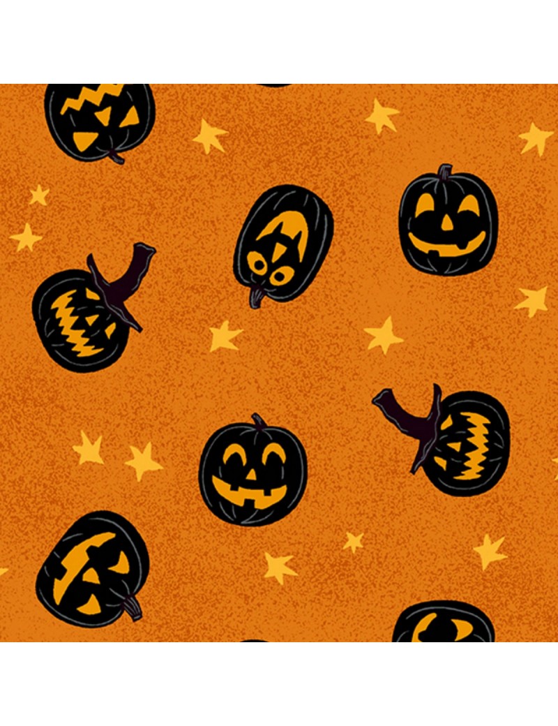 Tissu coton Halloween Midnight Haunt Orange à motifs de citrouilles