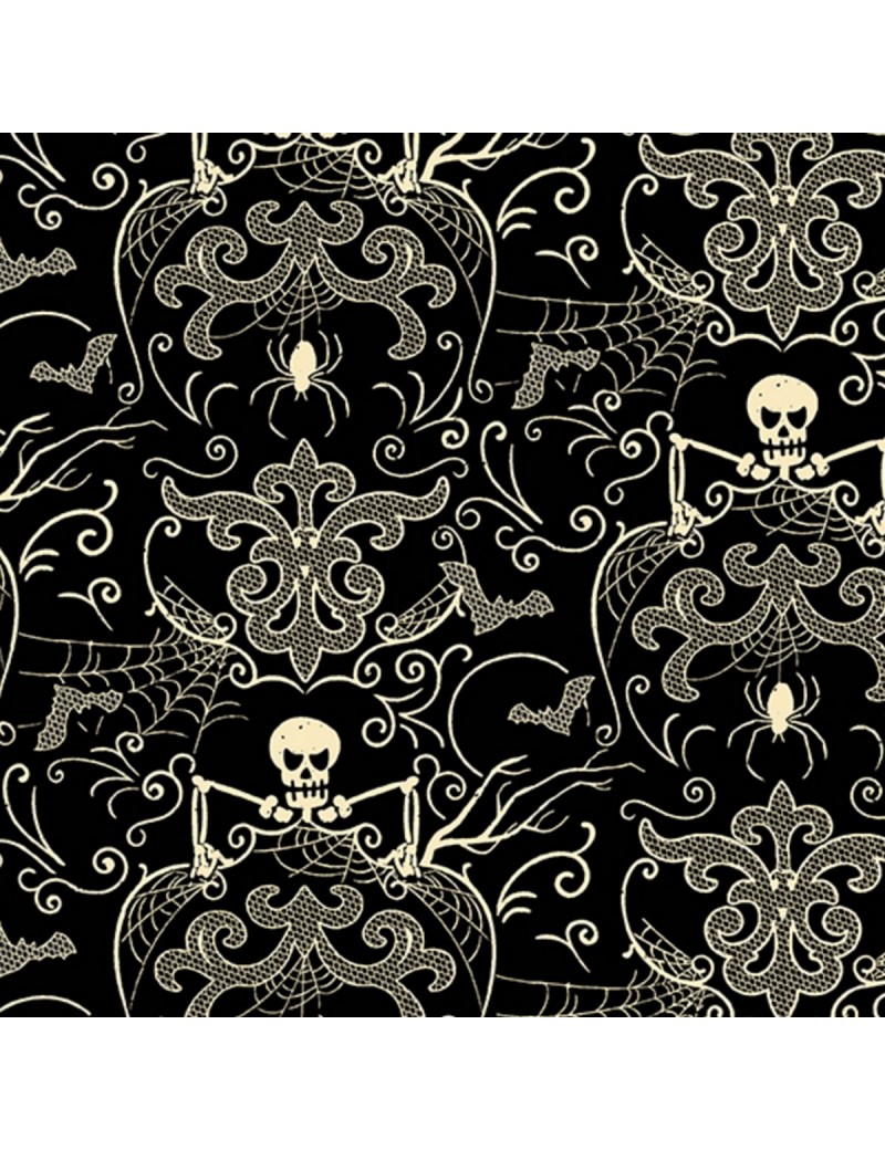 Tissu coton Halloween Midnight Haunt Noir à motifs de squelettes et dentelle 9871KL