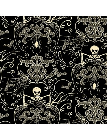 Tissu coton Halloween Midnight Haunt Noir à motifs de squelettes et dentelle 9871KL