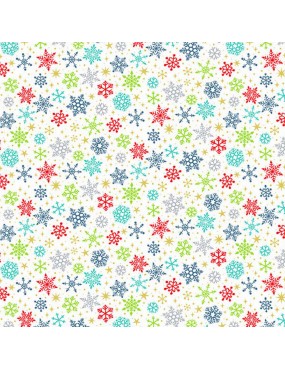 Tissu coton Noël Santa Express à motifs de flocons multicolores