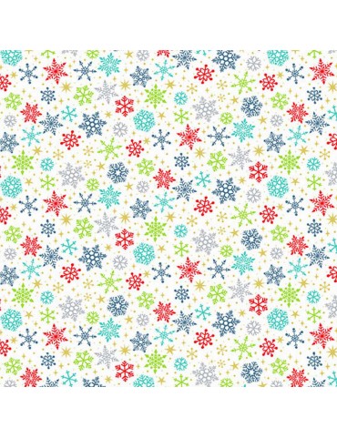 Tissu coton Noël Santa Express à motifs de flocons multicolores