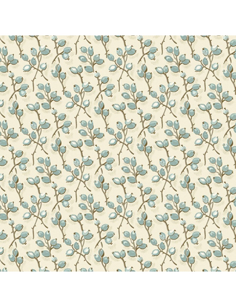Tissu coton BlueBird d'Edyta Sitar à motifs de bourgeons Saphir et Crème