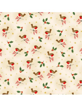 Tissu coton Noël Classic Foliage avec dorures à motifs de rouges-gorges