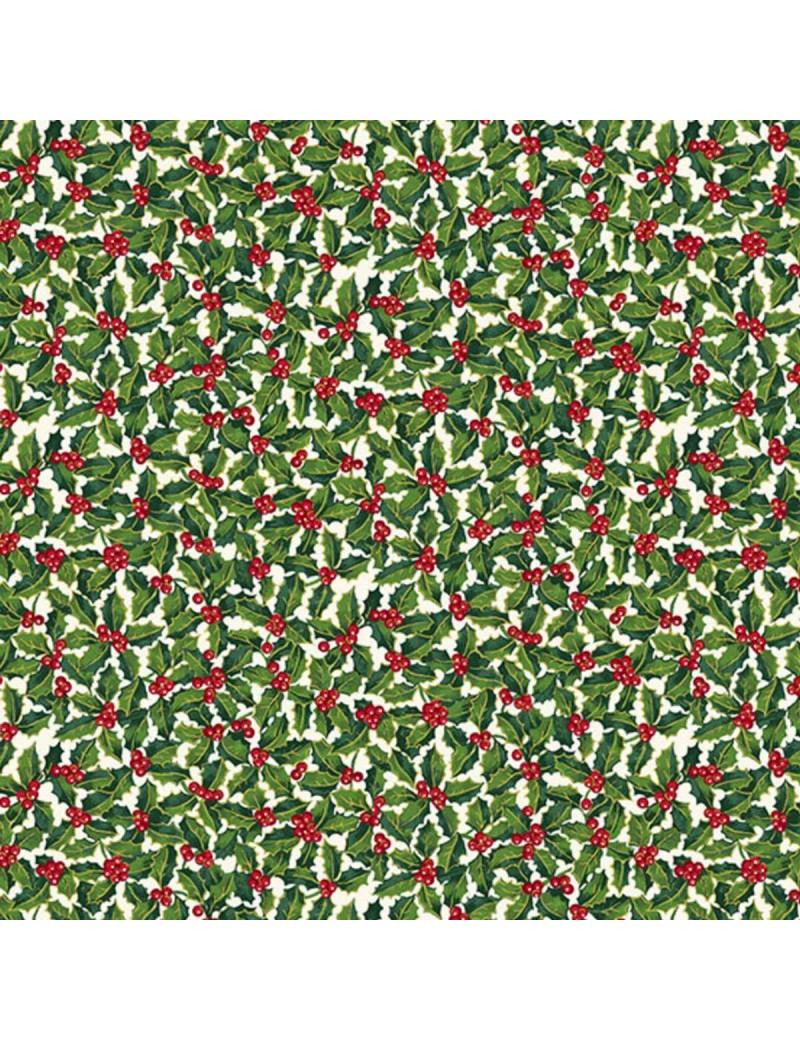 Tissu coton Noël Classic Foliage avec dorures à motifs de petit houx