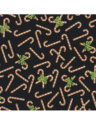 Tissu coton Noël avec dorures à motifs de canes et de houx