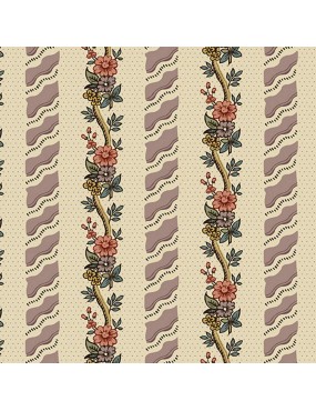Tissu coton Windermere Rose Mauve Vert et Beige à motifs de Bouquet de Fleurs En Bande