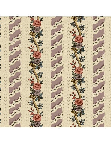 Tissu coton Windermere Rose Mauve Vert et Beige à motifs de Bouquet de Fleurs En Bande